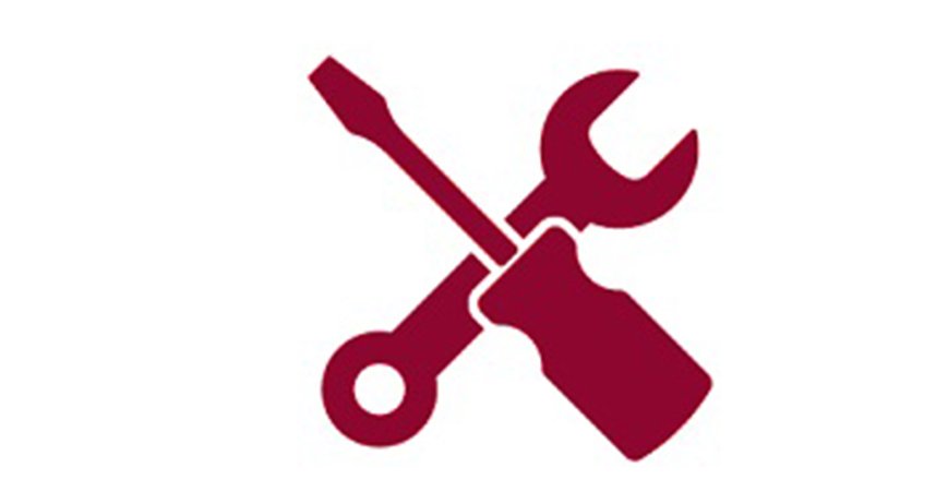 A maroon illustration of screwdriver and fixer against a white background.
