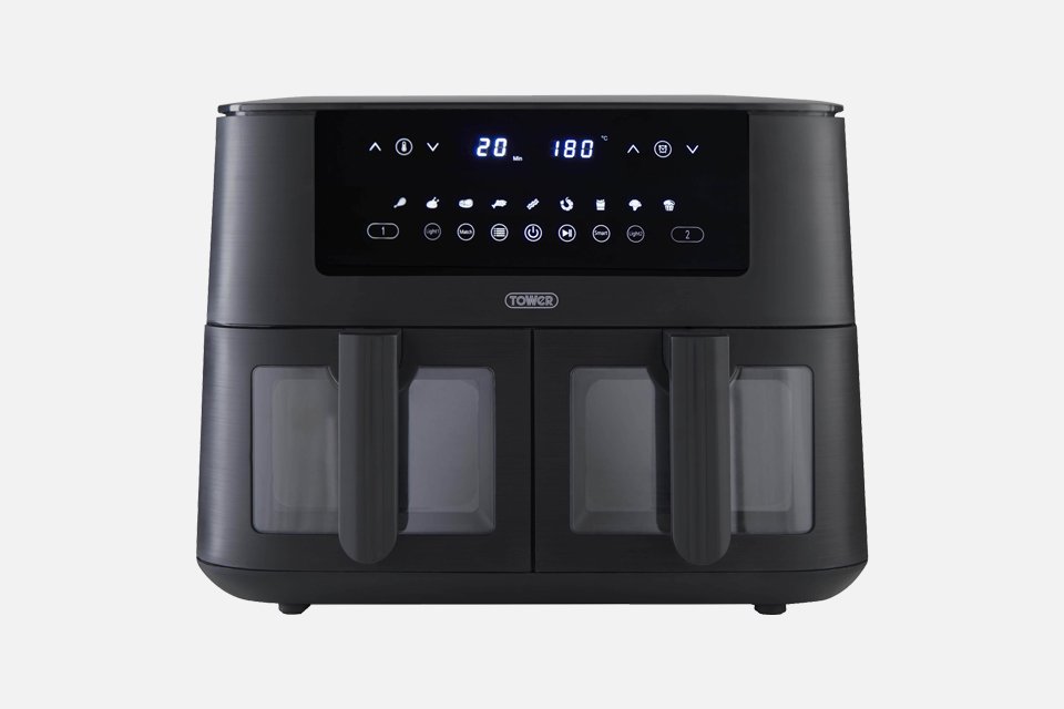 Tower T17151 Vortx Dual Basket 8L Air Fryer in black.