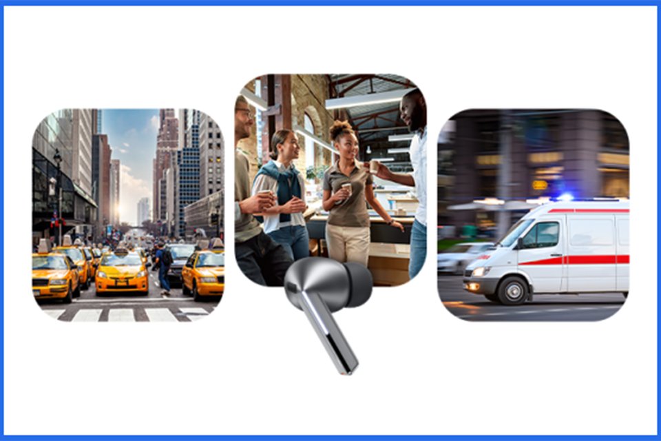 Galaxy Buds3 Pro and graphic of stars to symbolise AI improved audio.