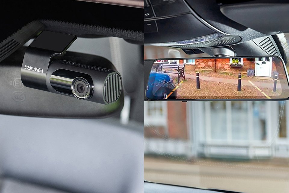 A split image of a front dash cam and rear dash cam view.