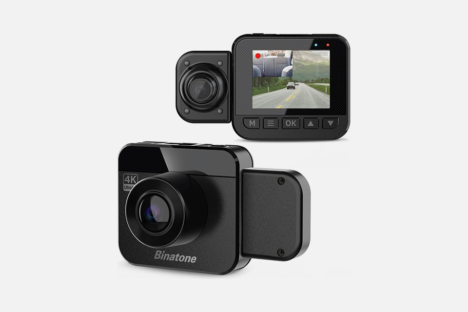 Lens and screen view of a Binatone UHD280 4K dual dash camera.