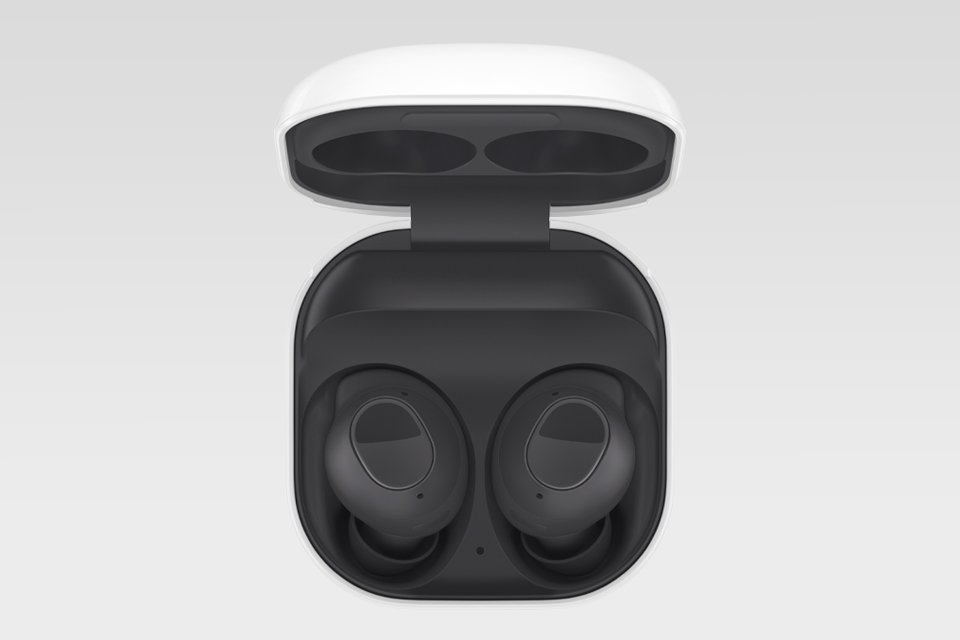 An open black pair of Galaxy Buds FE.