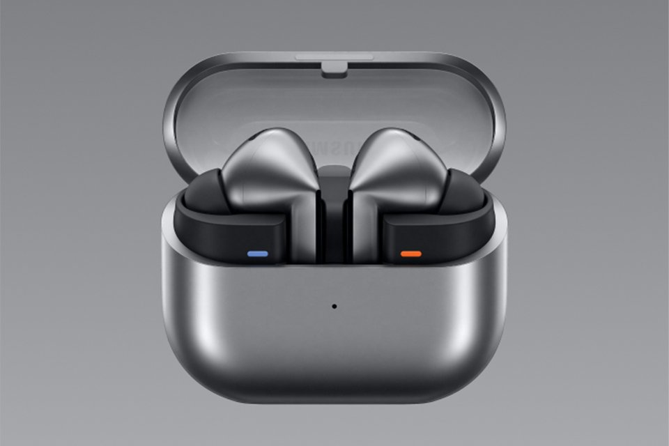 An open grey pair of Galaxy Buds3 Pro.