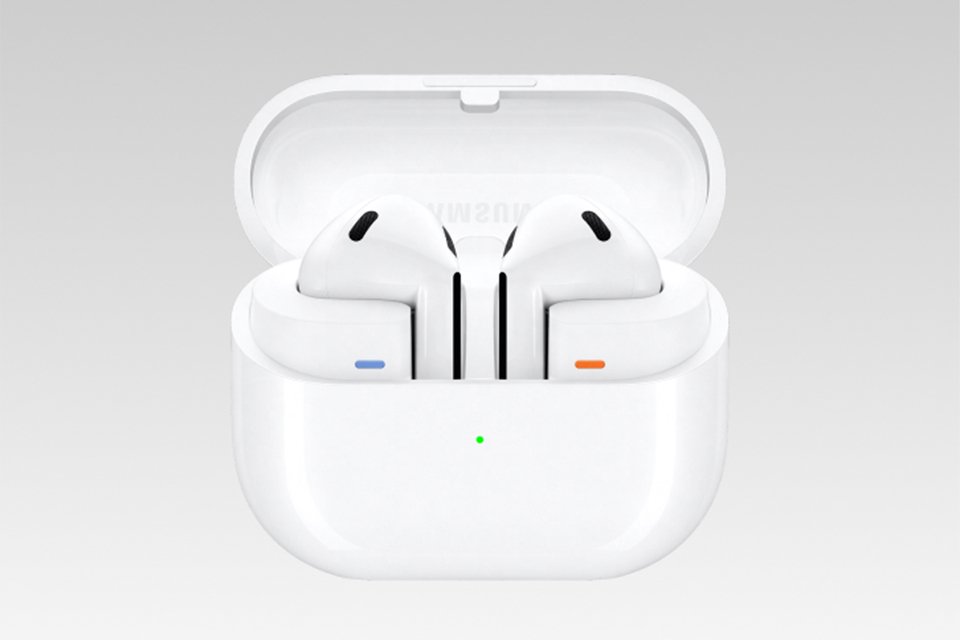 An open white pair of Galaxy Buds3.