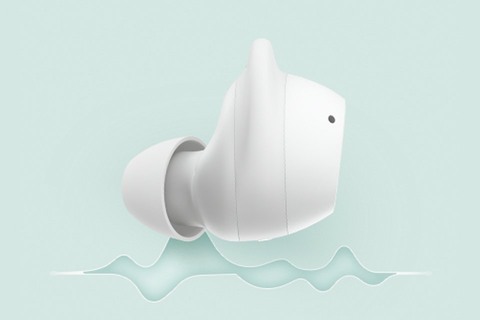 Soundwaves emerging out of Samsung Galaxy Buds FE earbuds.