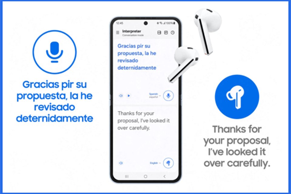 Galaxy Buds3 and Samsung phone showing live language interpreting.
