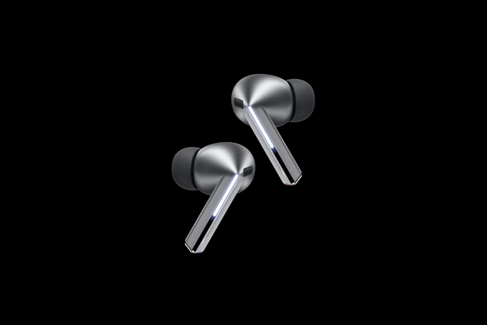 Pair of Samsung Galaxy Buds3 Pro earbuds on black background.