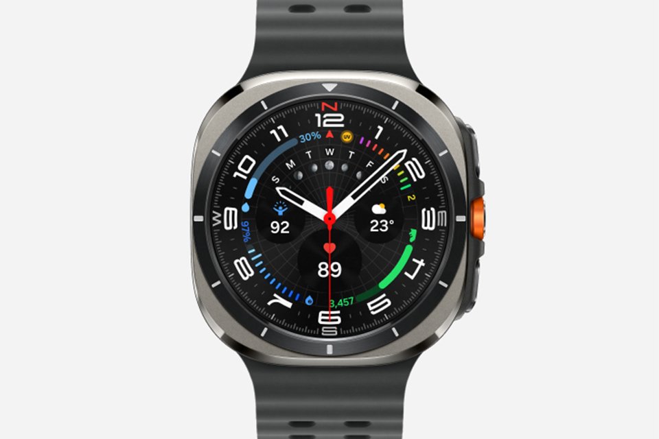 A black Samsung smartwatch.