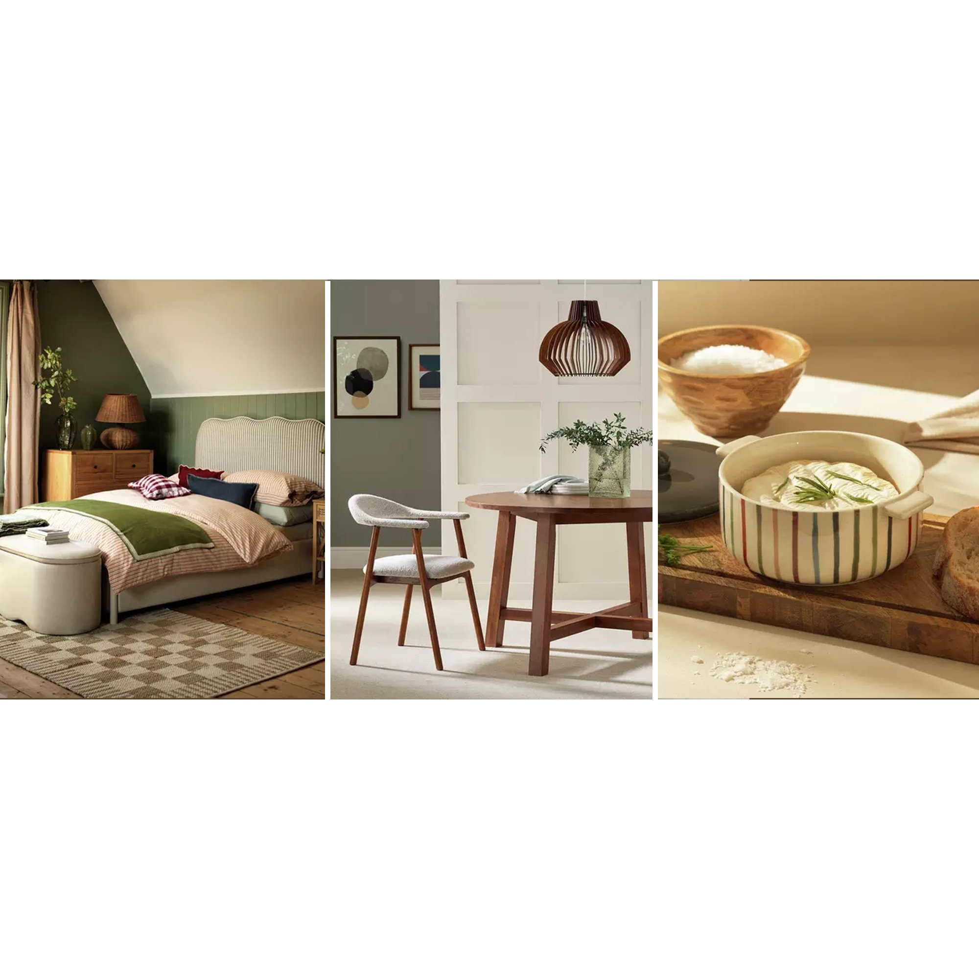 Moorlands escape trend with hues of green and wooden accents creating a calming atomphere. three images in a banner of a bedroom, dining room and kitchenware.