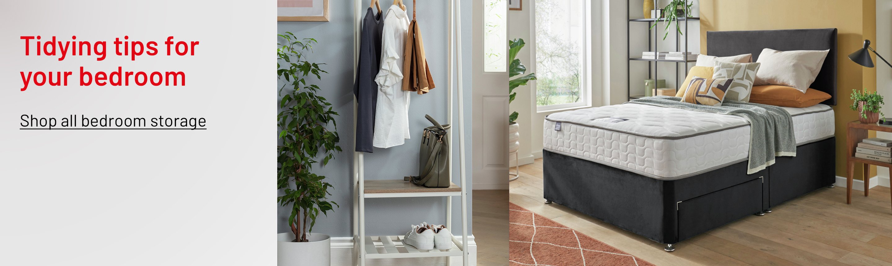 A white Habitat Turner Single Clothes Rail and a charcoal Silentnight Comfort Double Divan Bed With Mattress.