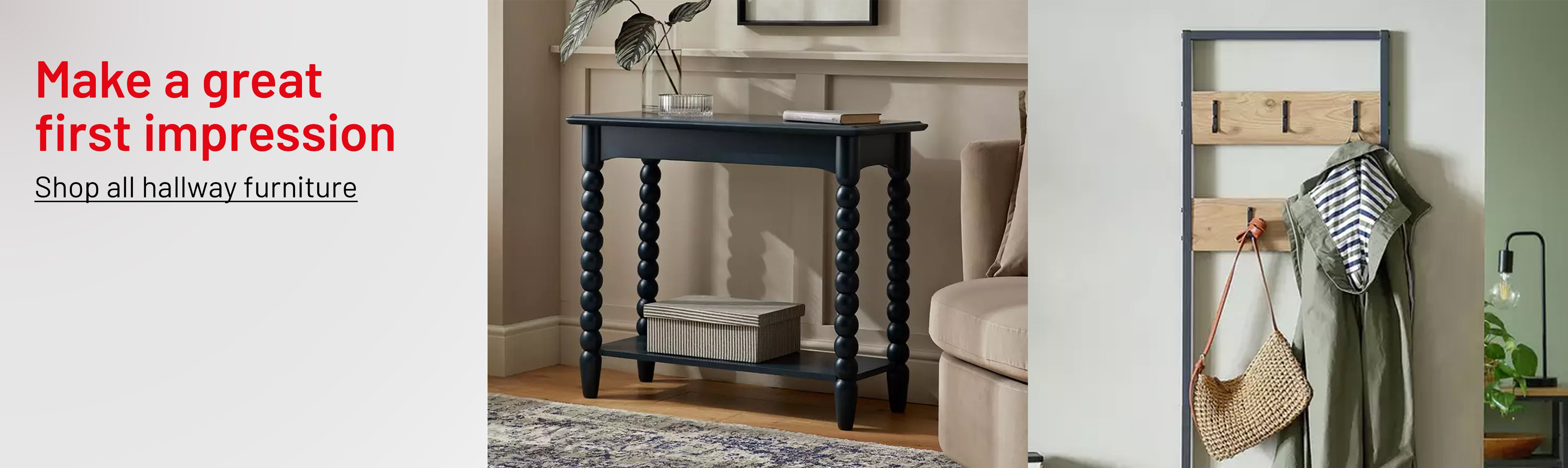 A collage depicting various hallway furniture including an umbrella stand, a coat rack, a console table and a storage bench.