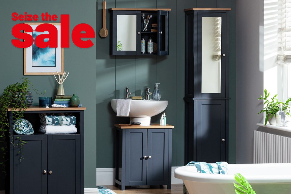 Save 1/3 on selected bathroom. Includes under sink and freestanding storage and more.
