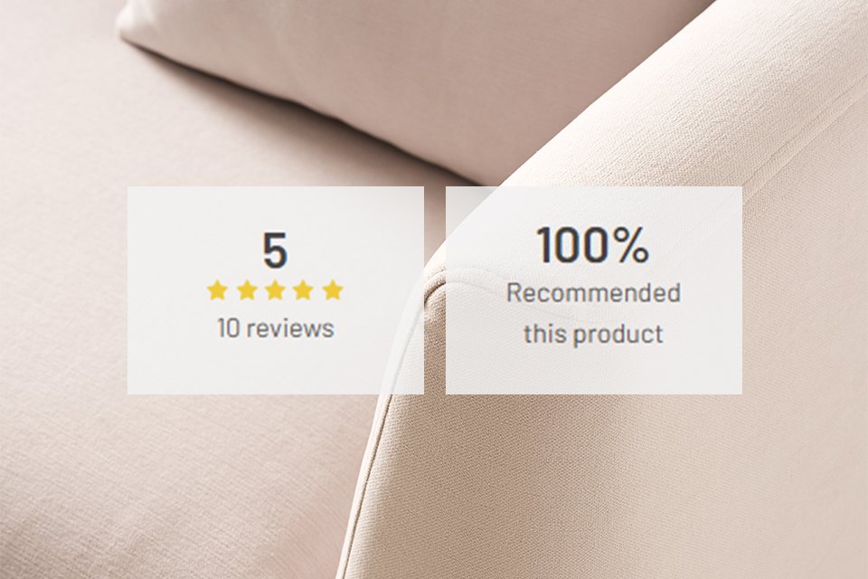 Close-up of beige fabric with product rating showing 5 stars, 3 reviews, and 100% recommendation for quality.
