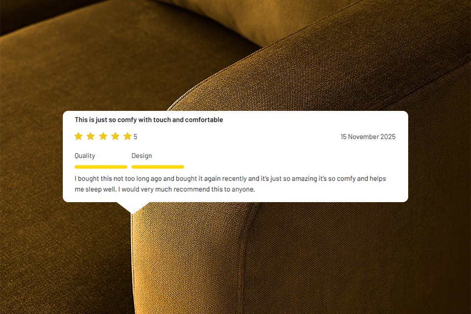 Brown textured fabric with customer review overlay reading ‘Great quality bedding’ and five-star rating praising value and washability.