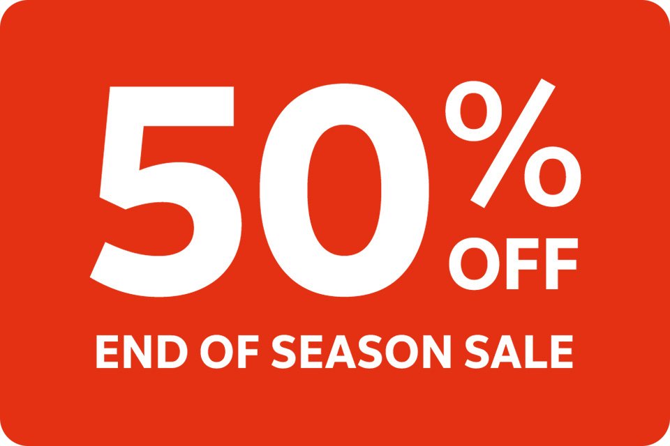 50% off end of season clothing sale. Online and in-store.