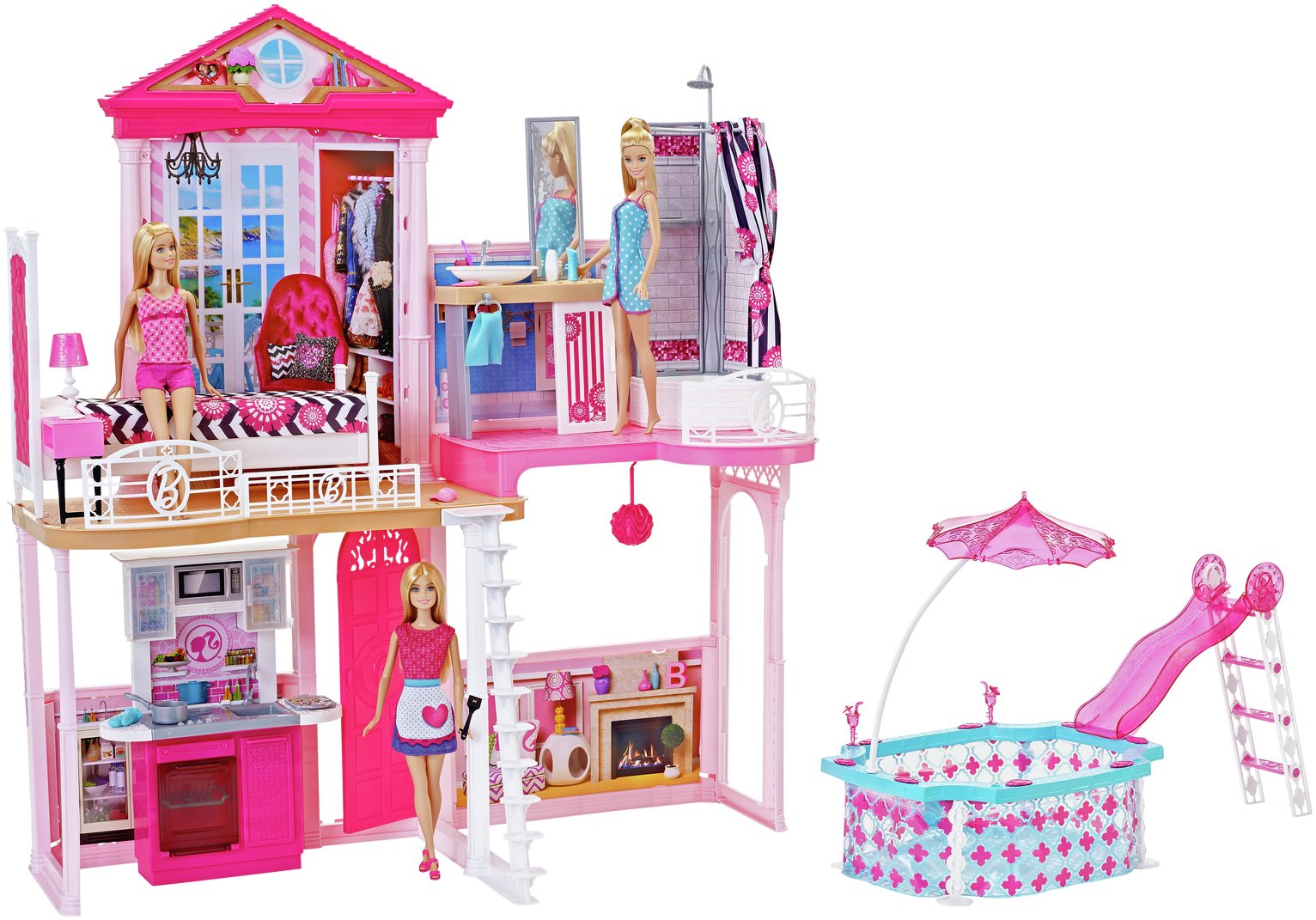 Complete Barbie Home Set with 3 Dolls and Pool
