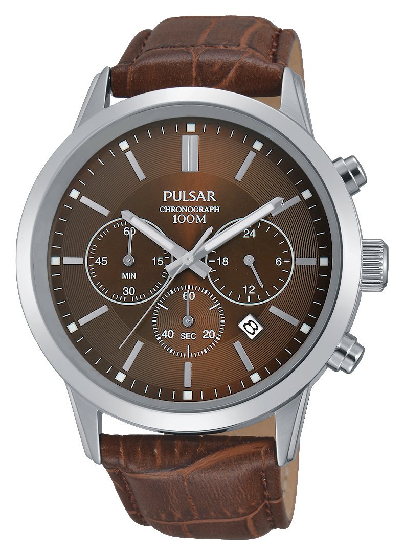 Pulsar Men s Brown Leather Strap Chronograph Watch 4270623 Argos Price Tracker pricehistory