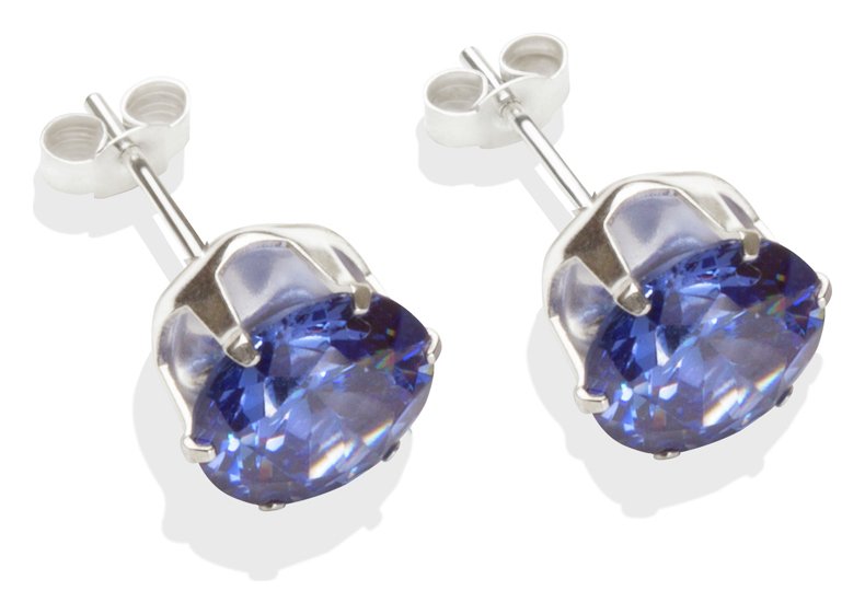 Sterling SilverTanzanite Cubic Zirconia Stud Earrings - 8mm.