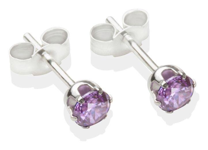 Sterling Silver Amethyst Cubic Zirconia Stud Earrings - 4mm.