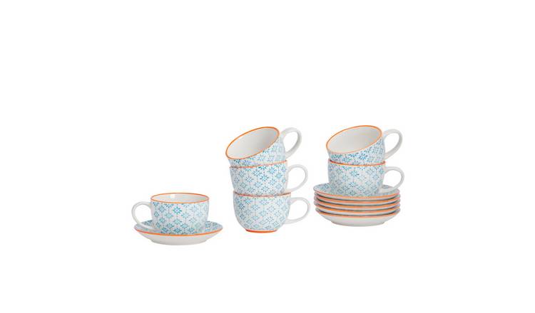Nicola Spring 12 Piece Hand-Printed Cappuccino Cup & Saucer Set - 250ml - Blue