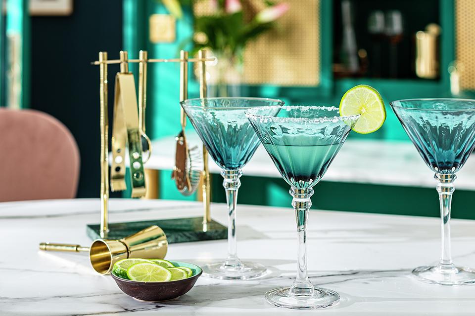 Image of turquoise cocktail glasses.