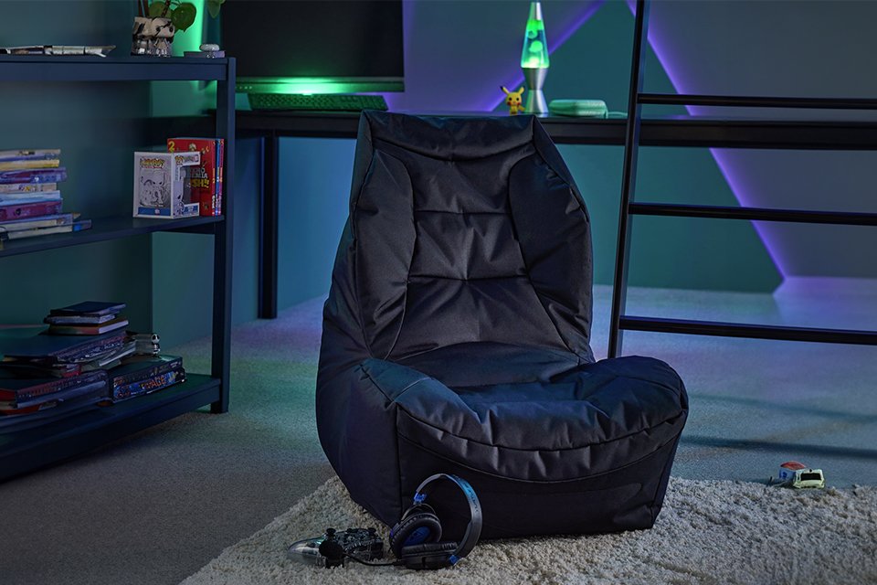 Kaikoo Teen Bean Bag Chair in black colour with gaming headsets and controller placed next to it.