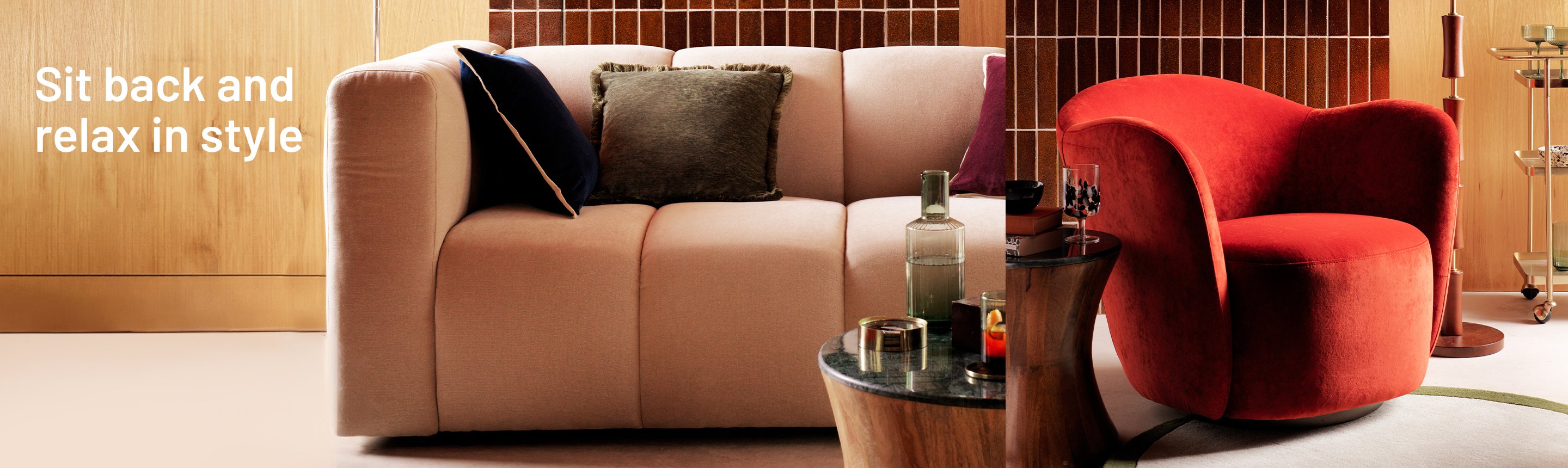 An inspiration image of beige sofa on left and red armchair on right.