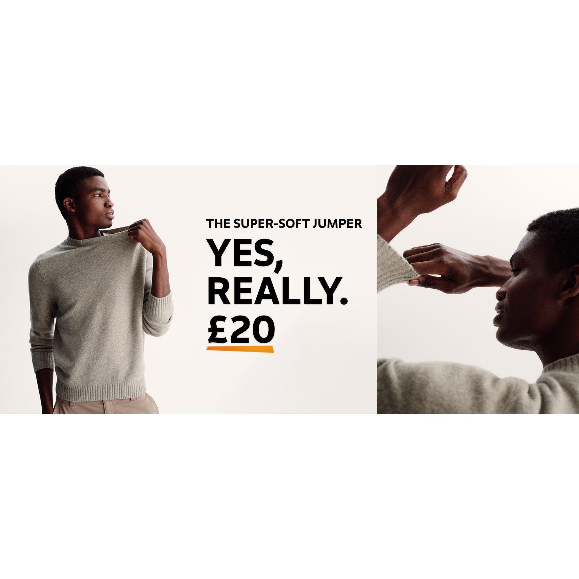 A man wearing a neutral super-soft jumper, and then a close up shot of the jumper.