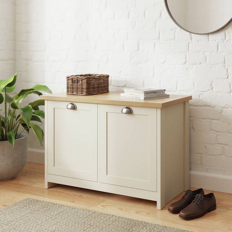 GFW Lancaster 2 Door Shoe Storage Cabinet - Cream & Oak 0
