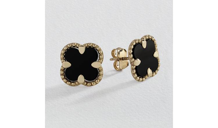 Revere 9ct Yellow Gold Black Clover Stud Earrings