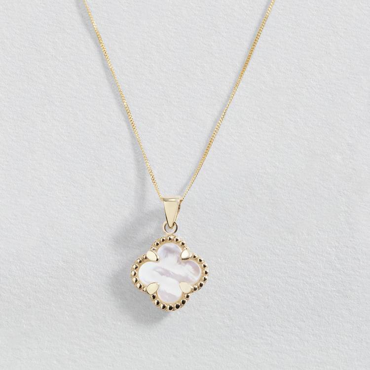 Revere 9ct Yellow Gold MOP Clover Pendant Necklace  0