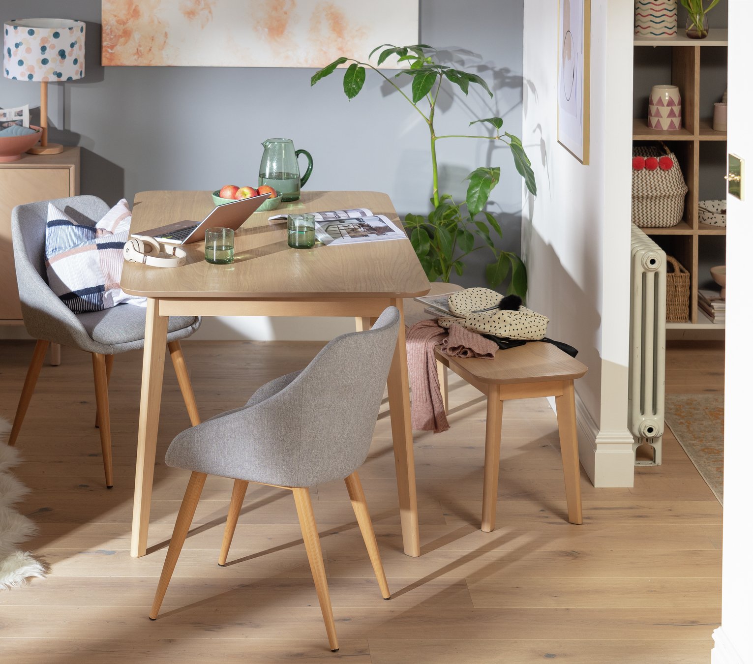 Argos Home Skandi Oak Veneer Table, 2 Grey Chairs & Bench Review