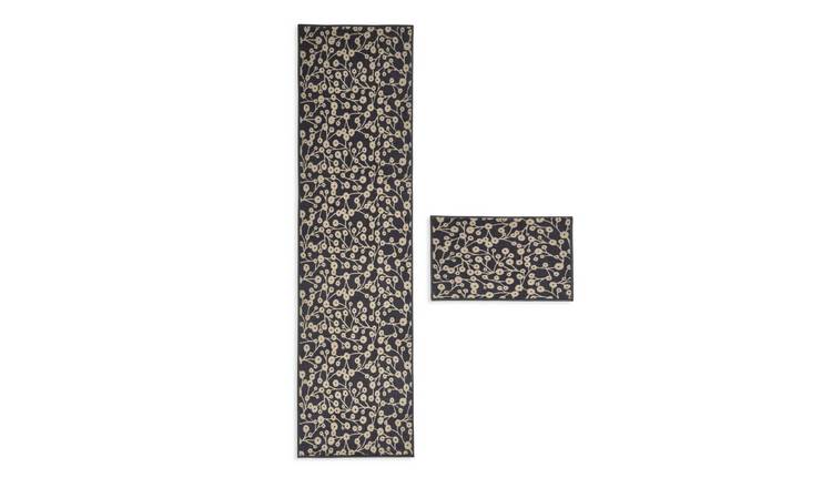 Habitat Washable Floral Black Runner & Mat Set - 180x57cm