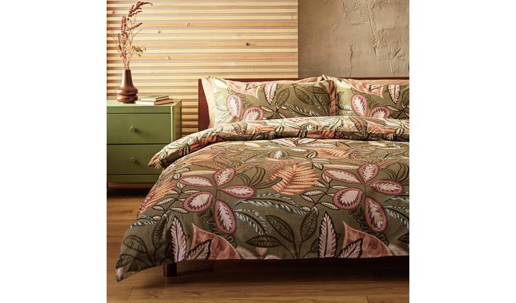 Habitat Cotton Painterly Leaf Green Bedding Set - Double