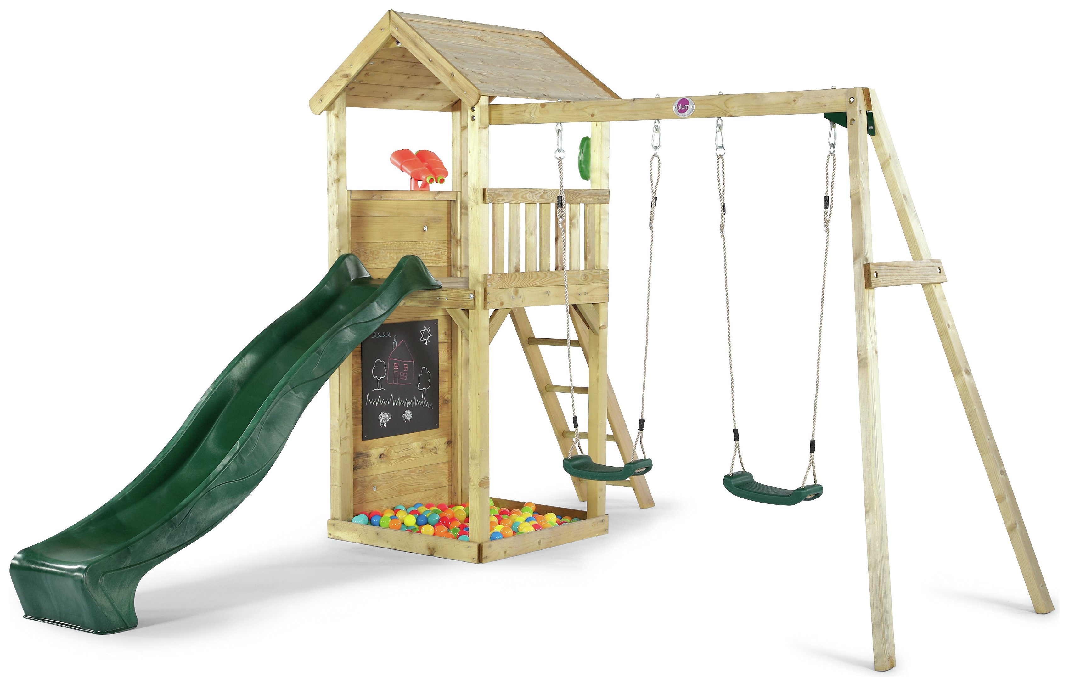 wooden climbing frame with swing