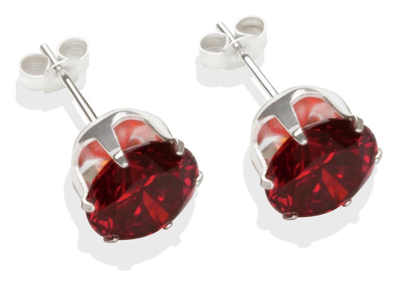 Sterling Silver Garnet Coloured CZ Stud Earrings - 8mm