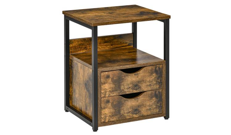 HOMCOM Industrial Side Table with Drawer and Shelf - Rustic Brown