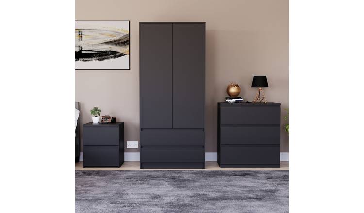 Vida Designs Denver Bedroom Set (Bedside, 3 Drawer Chest, 2x2 Wardrobe) - Black