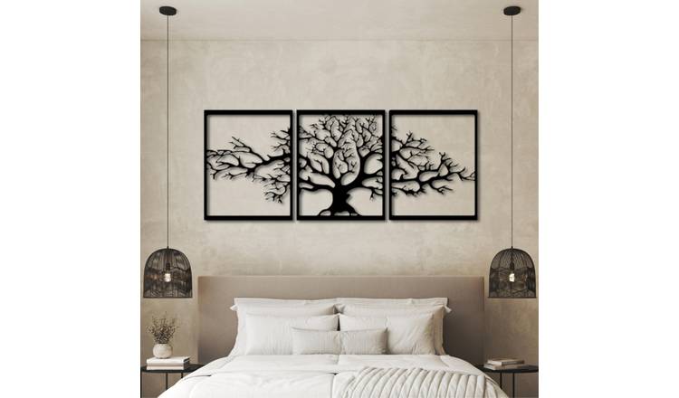Decortie Plane Tree Triptych Metal Wall Art 3 Panels - Black