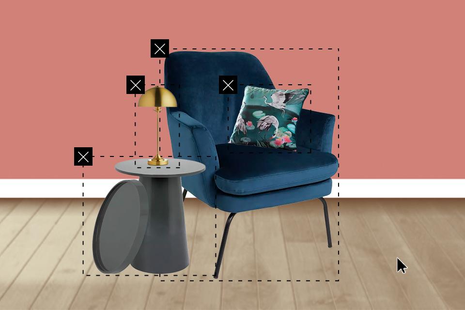 Room creator tool with blue armchair and grey side table.