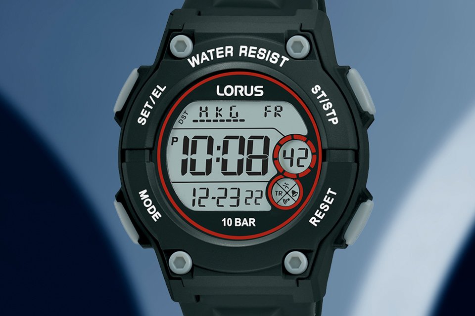 A Lorus digital watch with a maroon outline on the dial.