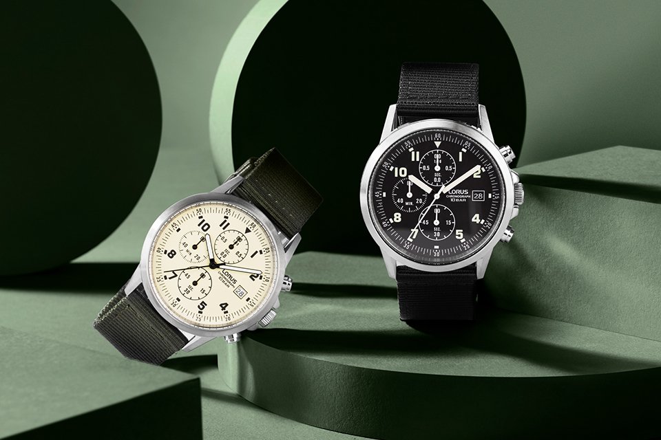 Two Lorus watches with black and off-white dials.