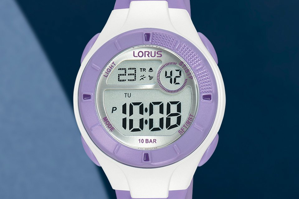 A Lorus kids' watch with white strap and puple dial.