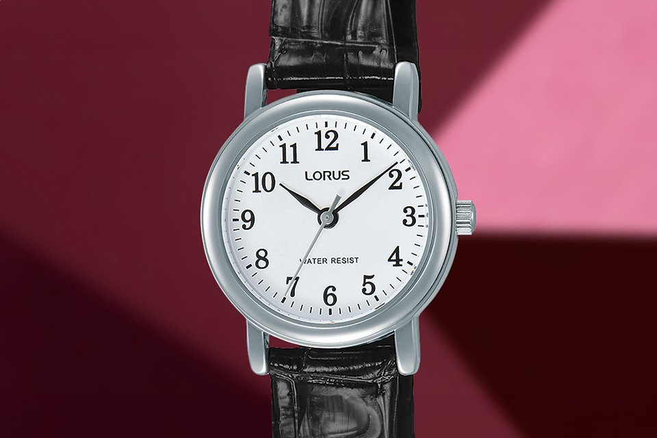 A white dialed with silver outlined Lorus women's watch.