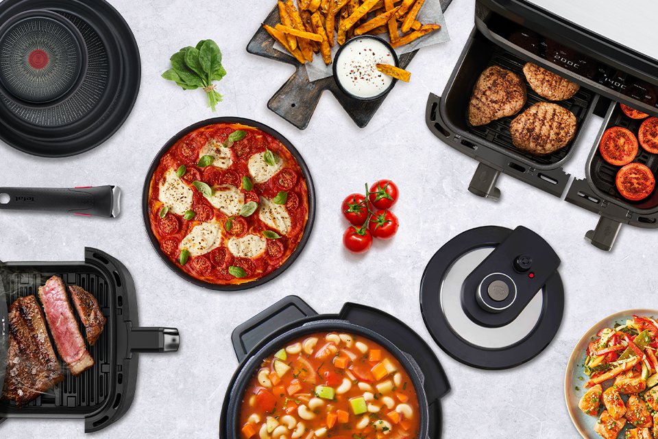 A range of Tefal products including Ingenio pans, air fryers, and a slow cooker, with food surrounding them