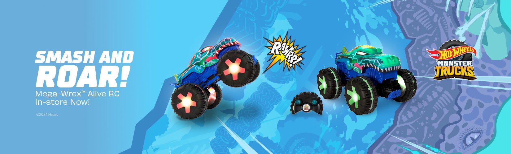 Hot Wheels monster trucks. Smash and roar! Mega-Wrex™ Alive RC in-store now!