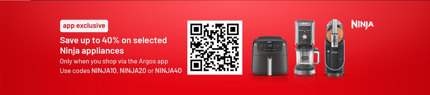 Save up to 40% on selected Ninja Appliances. Only when you shop via the Argos app. Use codes NINJA10, NINJA20 or NINJA40