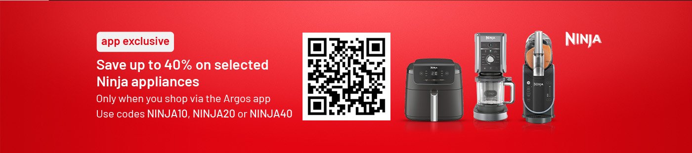 Save up to 40% on selected Ninja Appliances. Only when you shop via the Argos app. Use codes NINJA10, NINJA20 or NINJA40