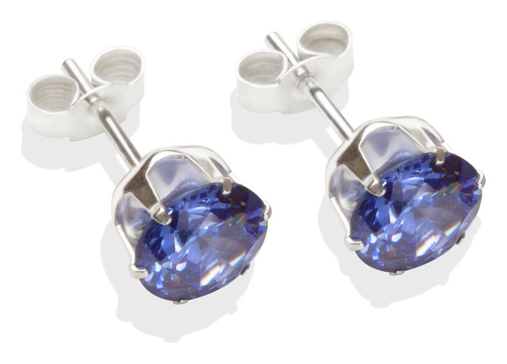 Sterling Silver Tanzanite Cubic Zirconia Stud Earrings - 7MM