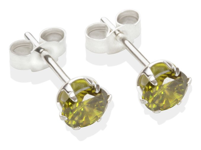 Sterling Silver Dark Peridot CZ Stud Earrings - 5mm.